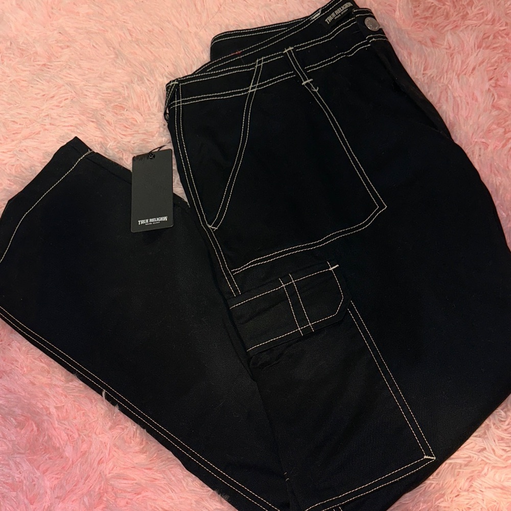 True Religion Black Cargo Pants with White Contrast Stitching